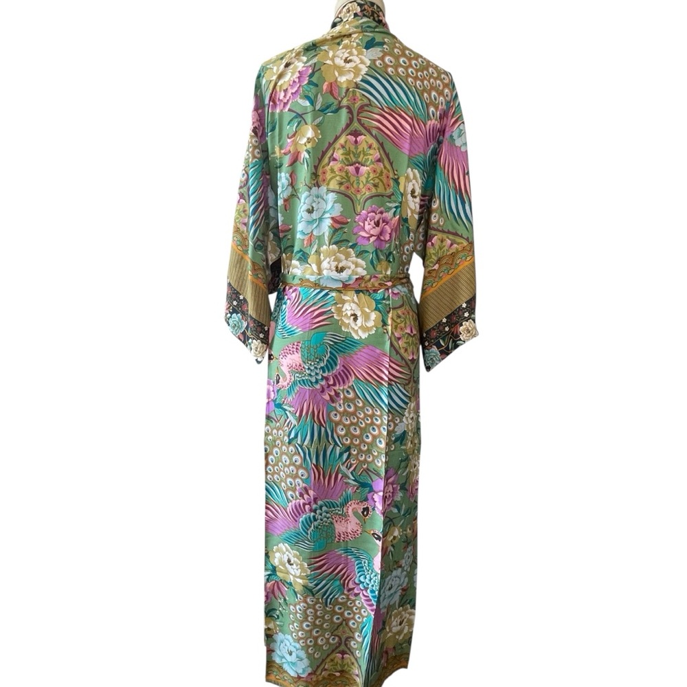 ❤️ NEW! Boho Floral x Peacock Full Length Tie Waist Kimono - Picture 5 of 7